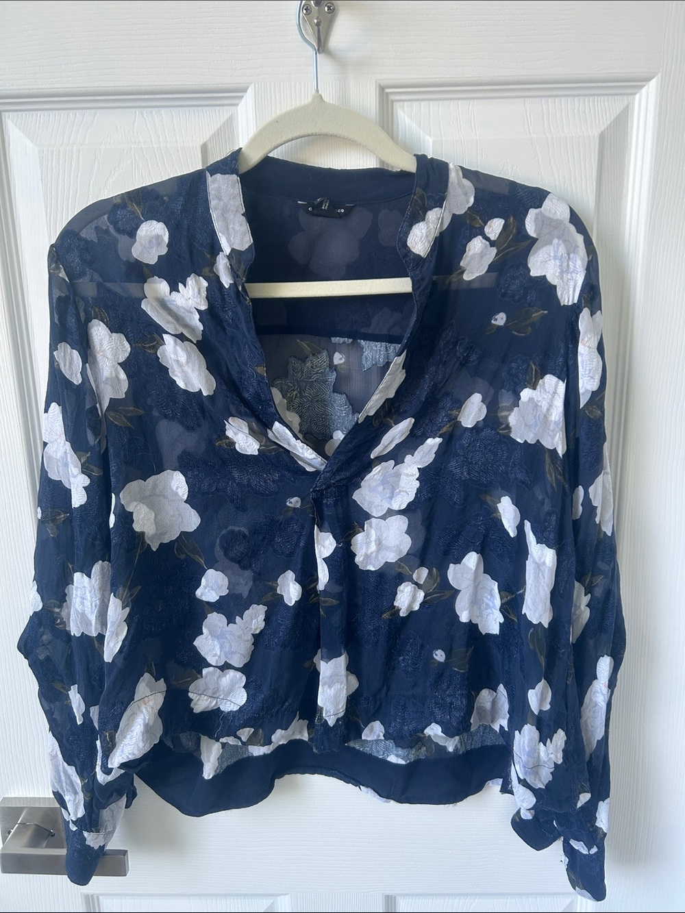 Club Monaco Navy and White Floral Tie-Neck Blouse